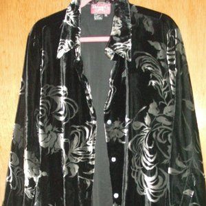 Denim & Co Black Silver Floral Velvet Tunic Button Down Shirt 1X SHARP!